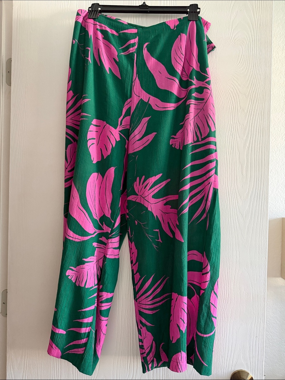 Mango Wide Leg Tropical Print Pants - Green & Pink